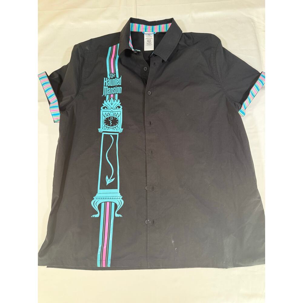 Disney Haunted Mansion Short Sleeve Button Up Shirt Mens L Black Striped Clock